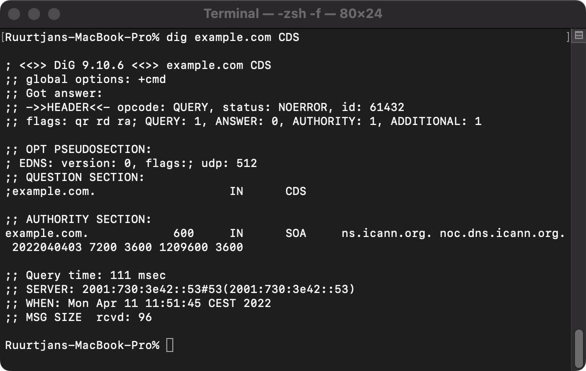 Example output of a CDS lookup query