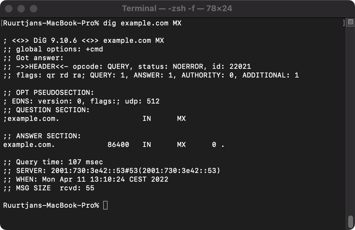 Example output of a MX lookup query